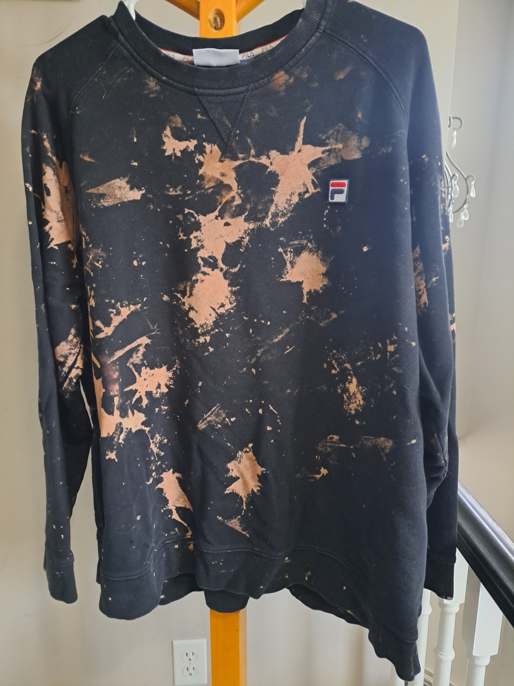 Fila Black Crewneck Sweatshirt with Tan Bleach Splatter